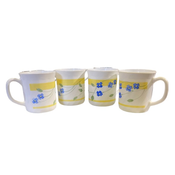 Vintage Arc Mugs Made in France Set of 4 White & Yellow with Blue Flowers - Picture 2 of 6
